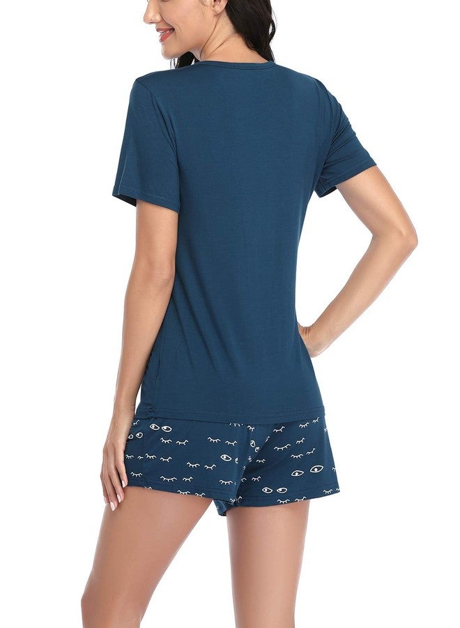 EISHOPEER Women's Closed Eyes Print Pajama Set Tee and Shorts Pjs Sets Peacock Blue L - Image 5